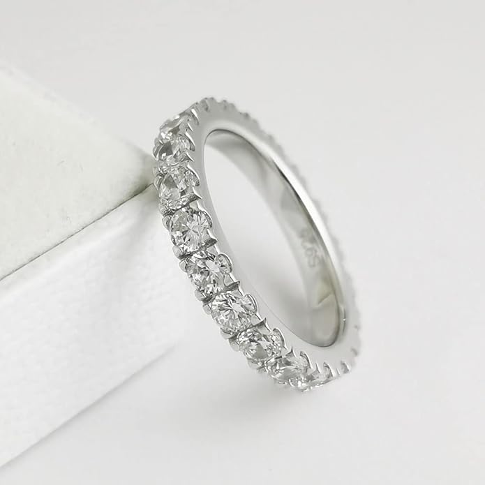 Bo.Dream 1.5mm/2.2mm/3mm Round Cubic Zirconia CZ Full/Half Eternity Rings Wedding Band Sterling Silver