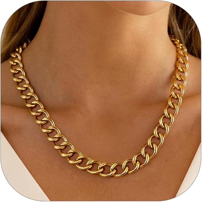 ChainsHouse Cuban Link Chain for Women Chunky Gold Necklace Stainless Steel/Gold Plated Choker Necklaces for Women, 12/16/20 mm Width Thick Chain Choker Punk Hip-Hop Jewelry,18-20"