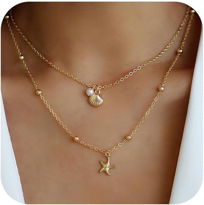 Shell Starfish Necklace for Women, 14k Gold Plated Boho Layered Beaded Charm Pendant Necklace, Dainty Adjustable Pearl Conch Summer Beach Vacation Jewelry Gifts
