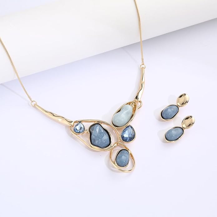 Chunky Statement Jewelry Set Blue Ocean Seashell Choker Necklaces Earrings Set for Women Pearl Bib Collar Necklaces for Party Prom Pageant Summer Fashion Jewelry Unique Birthday Gift