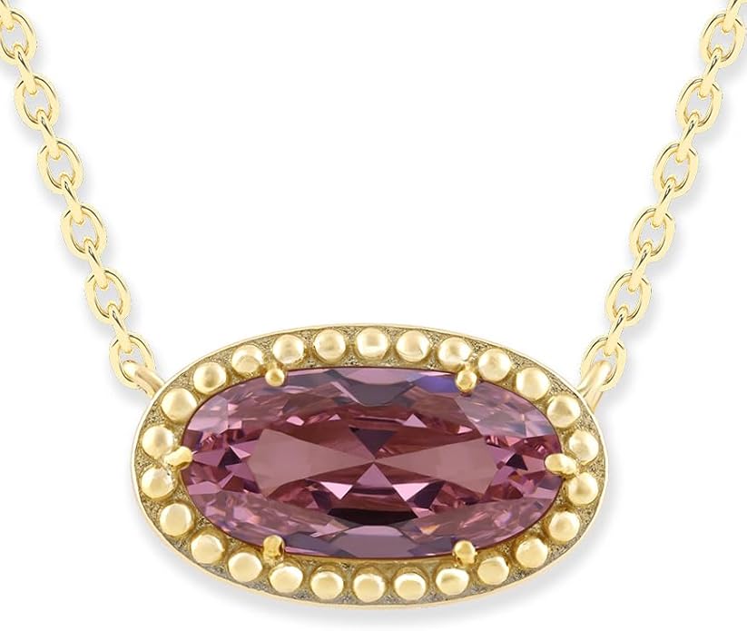 Belacqua Gemstone Necklace in 14K Gold Plated Sterling Silver, Oval Pendant Size 6 * 12mm, 15" Cable Chain with 2" Extender, Spring Ring Clasp, Dainty Birthstone Necklace for Women, Gift Box Included