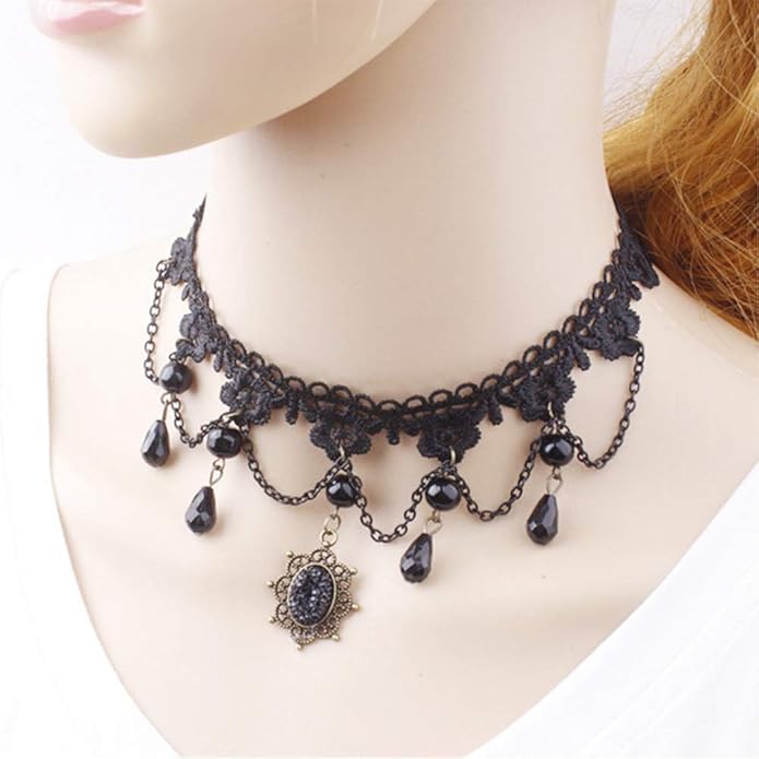Halloween Elegant Sexy Women Lady Retro Gothic Punk Style Necklace Black Lace Neck Chain Collar Statement Choker Victorian Steampunk Jewelry Party Wedding Princess,5 Pieces/Set