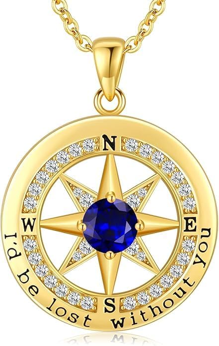 Compass Necklace for Women Wife Girlfriend Mom Daughter Gifts S925 Sterling Silver Jewelry For Anniversary Rose Gold Gifts For Birthday Christmas Mothers Valentines Day 12 Birthstones