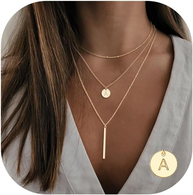 Valentines Gifts for Her - Initial Layered Necklaces for Women, 14K-Gold-Plated Coin Letter Necklace Bar Stacking Layer Necklace Multi Bar Layering Y-Necklaces Jewelry for Women