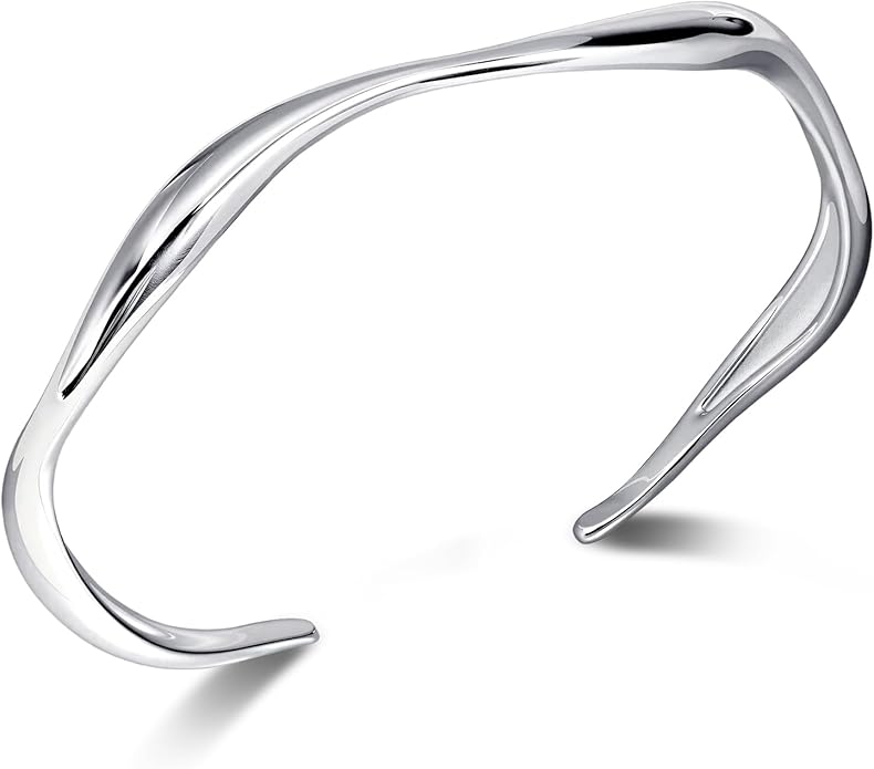 Sterling Silver Wavy Cuff Bracelet - Adjustable Irregular Thin Bangle for Women