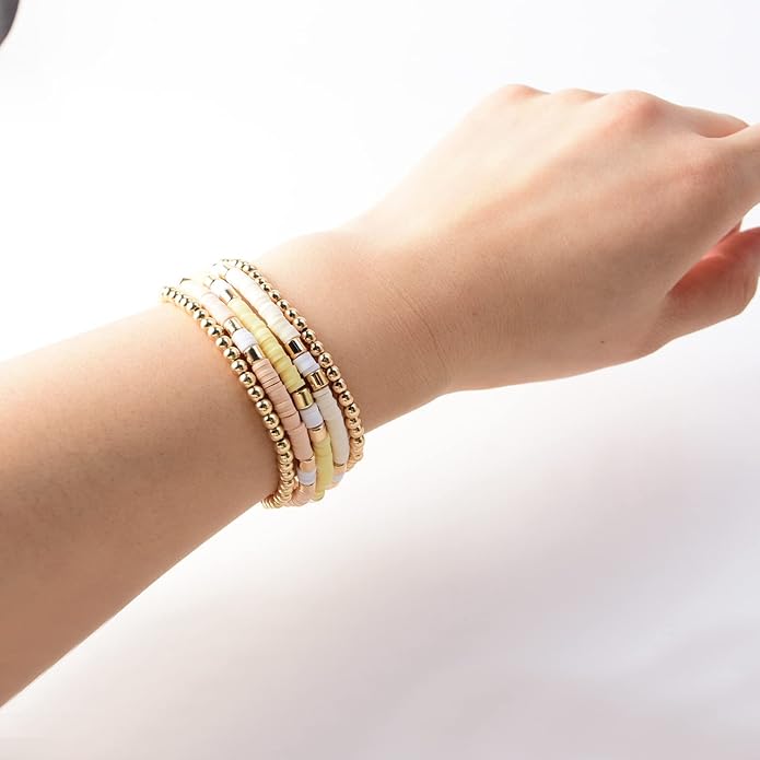 GOOJIDS Surfer Heishi Clay Bead Bracelets for Women Bohemian Stackable Gold Plated Beaded Stretch Bracelets Elastic Layering Friendship Bracelets Set Boho Jewelry