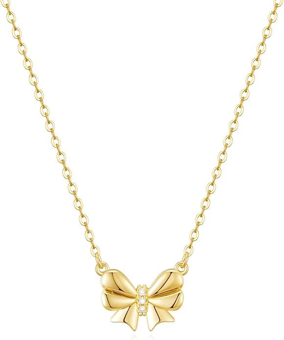 Valentines Day Gifts for Her - Dainty Bow Necklace for Women 14K Gold Plated Cute Choker Small Pendant Charm Necklaces Teen Gift Trendy Stuff Personalized Jewelry