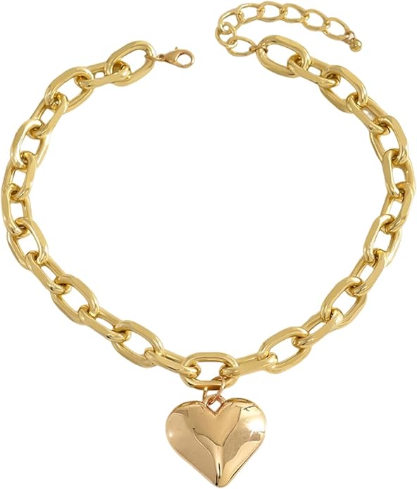 Chunky Gold Heart Necklace for Women,Y2K Big Heart Statement Necklace Long Puffy Hearts Chain Charm Necklaces Trendy Jewerly