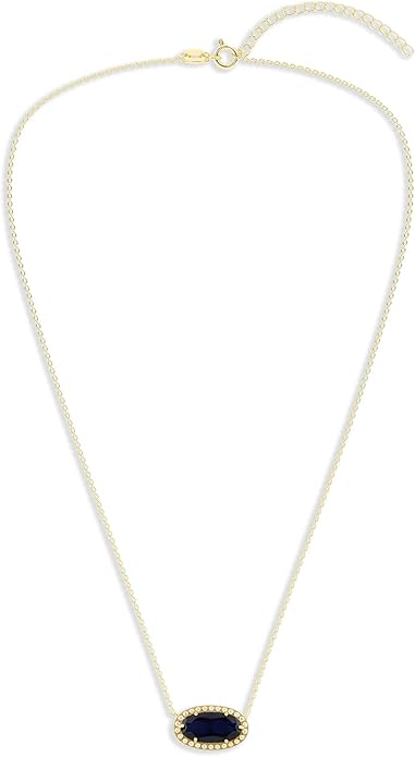 Belacqua Gemstone Necklace in 14K Gold Plated Sterling Silver, Oval Pendant Size 6 * 12mm, 15" Cable Chain with 2" Extender, Spring Ring Clasp, Dainty Birthstone Necklace for Women, Gift Box Included
