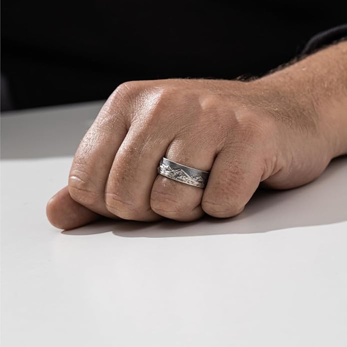 Mountain Range Band Ring For Men, 925 Sterling Silver Nature Inspired Vintage Mens Rings, Rustic Mens Wedding Band, Handmade Oxidized Silver Jewelry For Men, Unique Gifts for Him