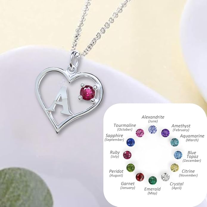 Silver Sterling Necklace Initial Letter A-Z Birthstone for Women – Personalized Custom Jewelry Pendant with Heart Design Customized Dainty Charm for Wife Girlfriend Mom – 18" Box Chain