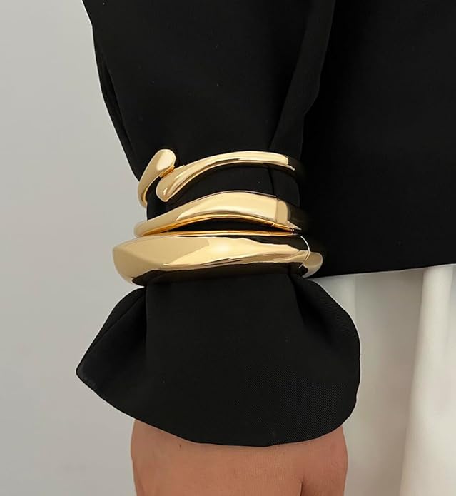 Chunky Gold Bangle Bracelets for Women, Dainty 14k Gold Plated Big Stackable Bangles Set, Trendy Statement Cuff Bracelet Stack Fashion Jewelry Gifts