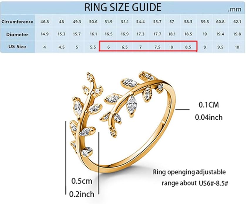Adjustable S925 Sterling Silver Ring for Women,Branch Leaves Band Stacking Finger Ring,Paved Cubic Zirconia Stone Stackable Open Ring