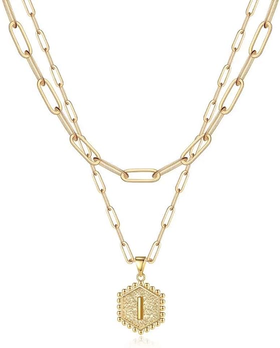 M MOOHAM Valentines Gifts for Women Teen Girls, 14K-Gold-Plated Initial Necklaces for Women Cute Hexagon Letter Initial Necklace Layered Necklaces for Womens Teen Girl Valentines Jewelry Gifts
