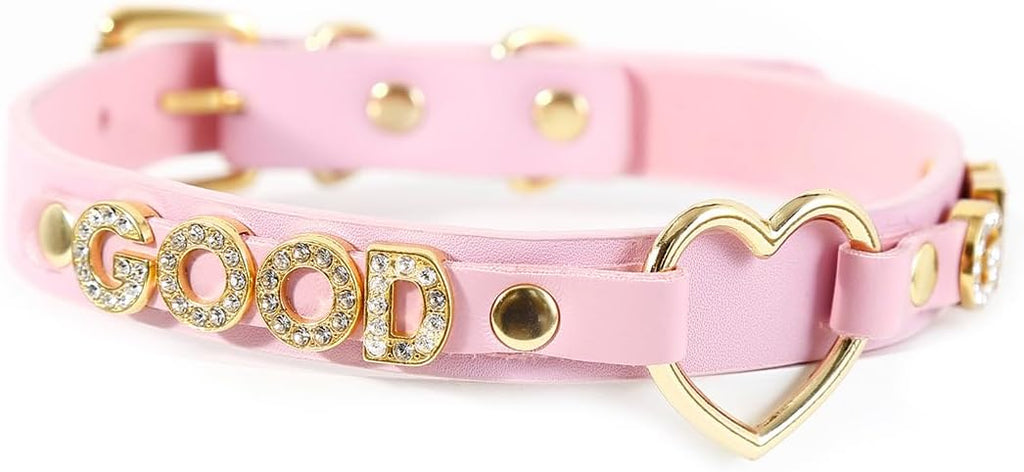 Succuba Handmade Heart Ring Rhinestone Letter Pu Leather Choker Collar Necklace for Women and Men
