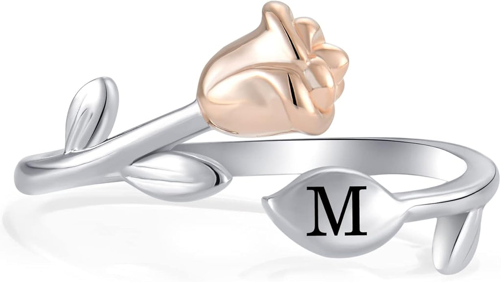 STARCHENIE Rose Initial Ring for Women 925 Sterling Silver Letters A-Z 26 Alphabet Adjustable Ring Size 7