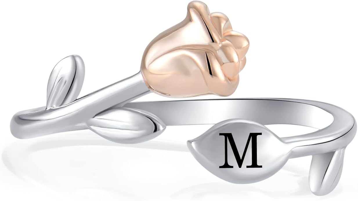 STARCHENIE Rose Initial Ring for Women 925 Sterling Silver Letters A-Z 26 Alphabet Adjustable Ring Size 7