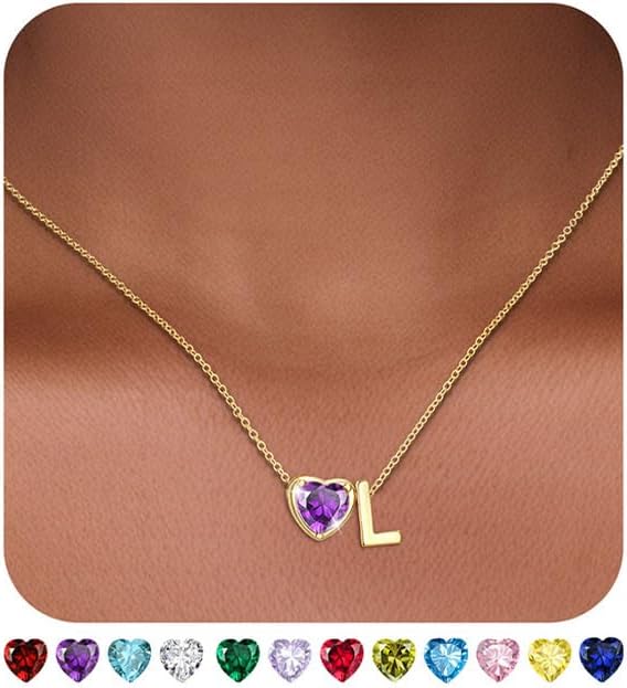 Valentines Day Gifts for Her- Heart Birthstone Initial Necklace for Women Girls,14K Gold Plated Heart Letter A-Z Necklace Birthday Trendy Jewelry Gifts for Women Girls Daughter