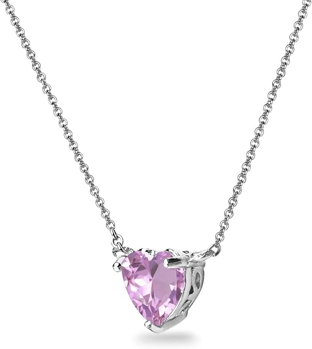 Birthstone Necklace for Women - Genuine or Synthetic Gemstone, 7mm Heart Solitaire, Short Dainty Layered Choker, Silver