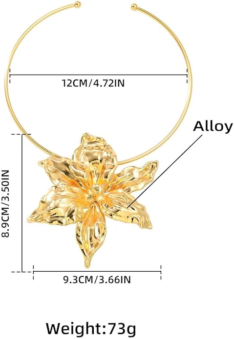 Statement Metallic Alloy Flower Necklace for Women - Large Floral Pendant Vintage Open Choker Hawaiian Vacation Beachy Boho Fashion Jewelry