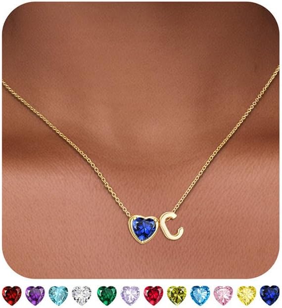 Valentines Day Gifts for Her- Heart Birthstone Initial Necklace for Women Girls,14K Gold Plated Heart Letter A-Z Necklace Birthday Trendy Jewelry Gifts for Women Girls Daughter
