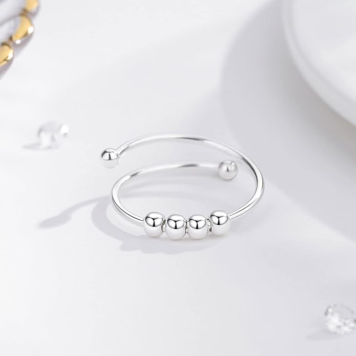 Vito 925 Sterling Silver Fidget Anxiety Ring for Women, Adjustable Open Spinner Ring Stress Relief Ring Stacking Band Anillos Jewelry Gift for Mom Daughter