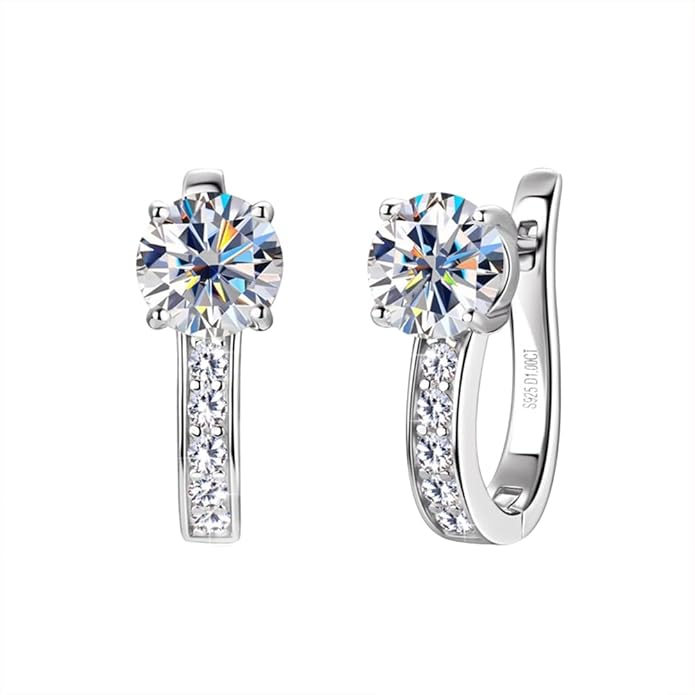 U-Shaped 1ct D-color Diamond Hoop Earrings Latch Back for Women in Sterling Silver, Timeless Wedding or Anniversary
