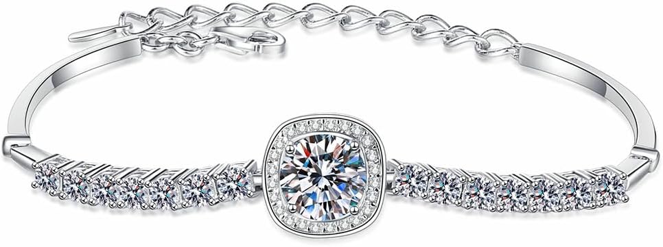 14K White Gold Over S925 Sterling Silver 2.4ct VS1 D-color Round/Square Cut Diamond Adjustable Bracelet for Women, Simple and Stylish Design with Full Shinning Gemstone Encrusted Detail