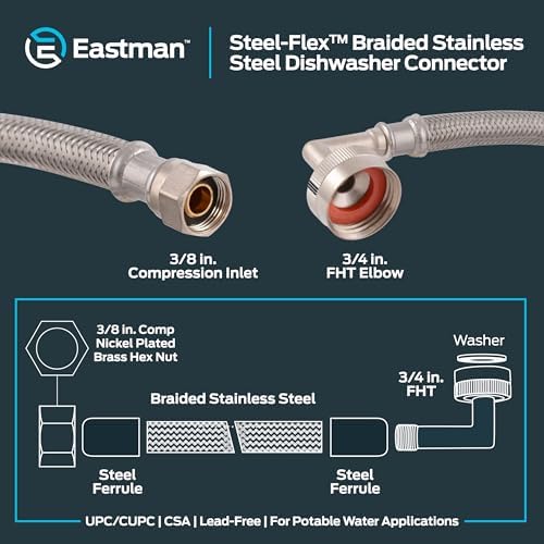 Eastman 6 foot Dishwasher Supply Line, 3/8 Inch Compression x 3/4 Inch FHT Elbow - Image 6