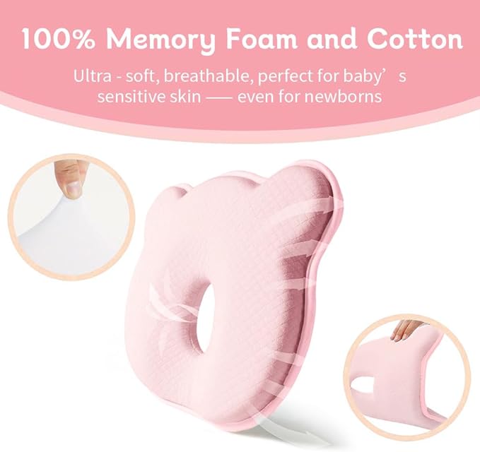 Memory Foam Baby Pillow for Newborn Flat Head Baby Pillow Machine-Washable Neck Support Prevent Flat Head 100% Cotton