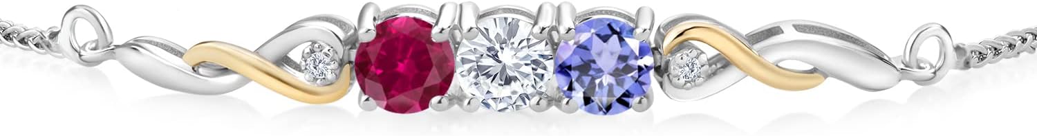 Gem Stone King Customized and Personalized 3-Stone Adjustable Bolo Bracelet for Women | 925 Sterling Silver and 10K Yellow Gold | Gemstone Birthstones and Lab Grown Diamond | Easy-On Easy-Off