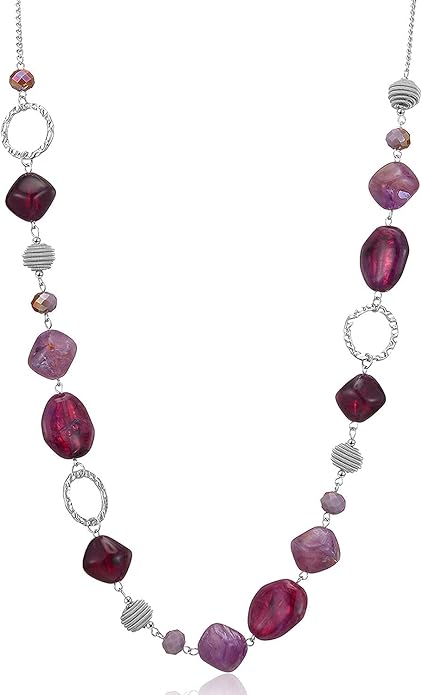 BULINLIN Beaded Long Necklace for Women Silver Sweater Chain Necklace with Crystal Resin Beads, Fashion Jewelry Necklace