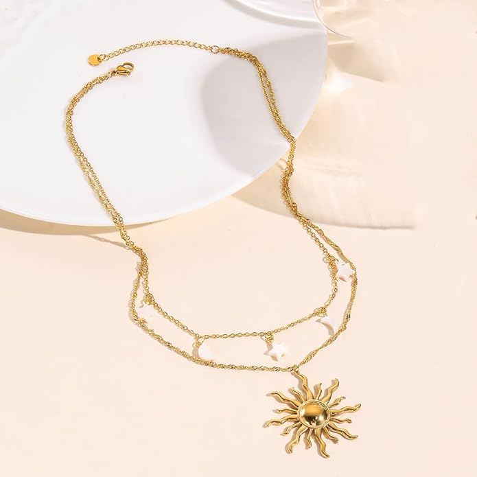 Gold Necklace for Women, Dainty 14K Gold Plated Layered Sun Pendant Necklace Gold Charm Chocker Jewelry Gift for Her