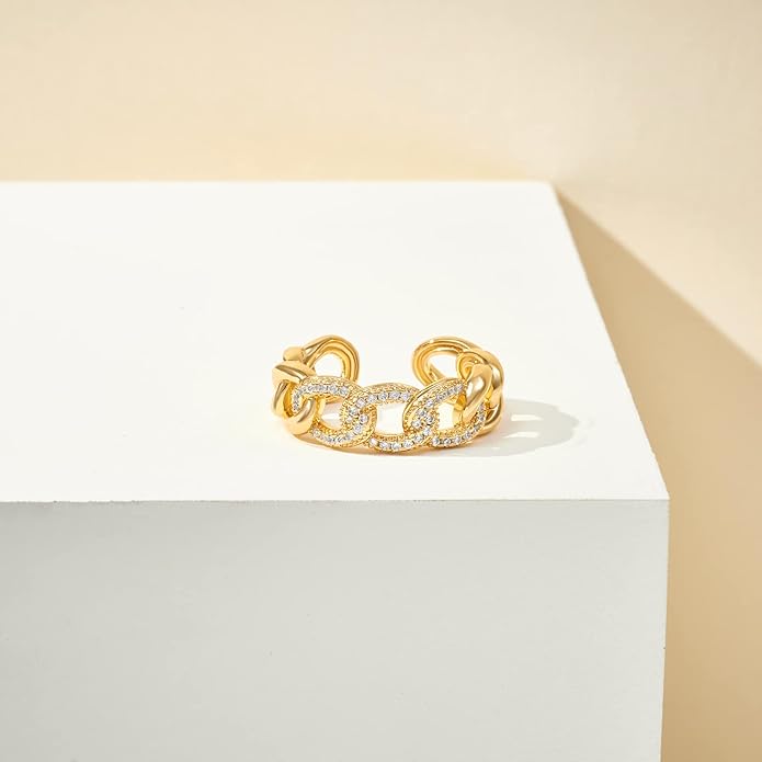 KissYan Gold Rings for Women, 14K Gold Plated Adjustable Statement Irregular Geometric Diamond Twisted Open Stackable Band Chunky Finger Rings Dainty Cubic Zirconia Jewelry Gifts