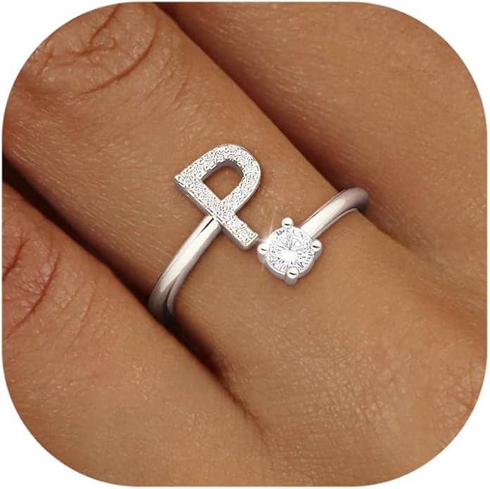 Valentines Day Gifts Gold Silver Initial Rings for Women Non Tarnish Dainty 14k Gold Plated Stackable Rings for Women Trendy Adjustable Letter Cubic Zirconia Pinky Ring Cute Open Birthday Gift Jewelry