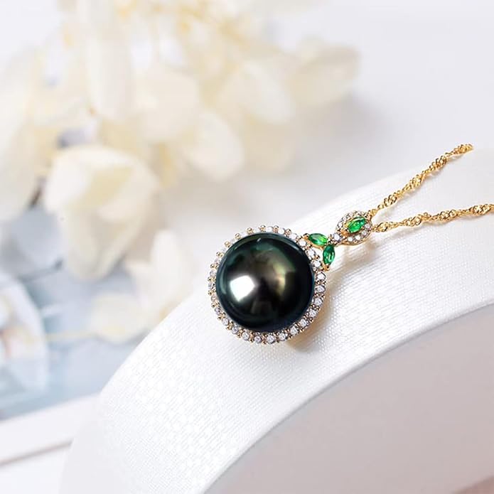 Gifts for Women- Tahitian-Black-Pearl-Necklace for Women, 12-13mm Real South Sea Pearls Pendant Sterling Silver Plated 18K Gold With Urquoise- Christmas Mothers Day Valentine's Day Jewelry