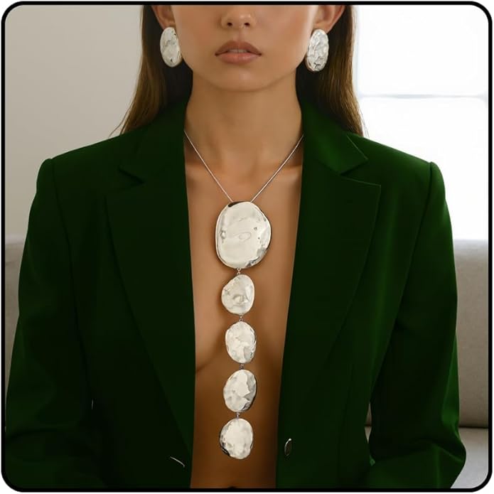 Gold Statement Necklace and Earring Set,Hammered Long Big Pendant Chunky Necklaces and Earrings Extra Large Long Accessories for Women Trendy Jewelry Set Gifts