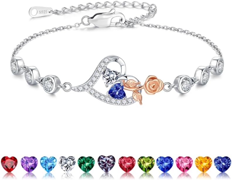 Iefil Valentines Day Gifts for Her - 925 Sterling Silver Rose Heart Birthstone Bracelets, Anniversary Birthday Gifts for Women Wife Mom Daughter, 6"+2"