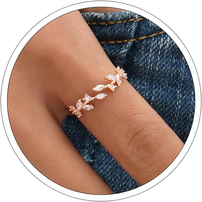 Gold Rings Non Tarnish Silver Adjustable Rings for Women Cubic Zirconia Leaf Ring Dainty Silver Stackable Ring for Women