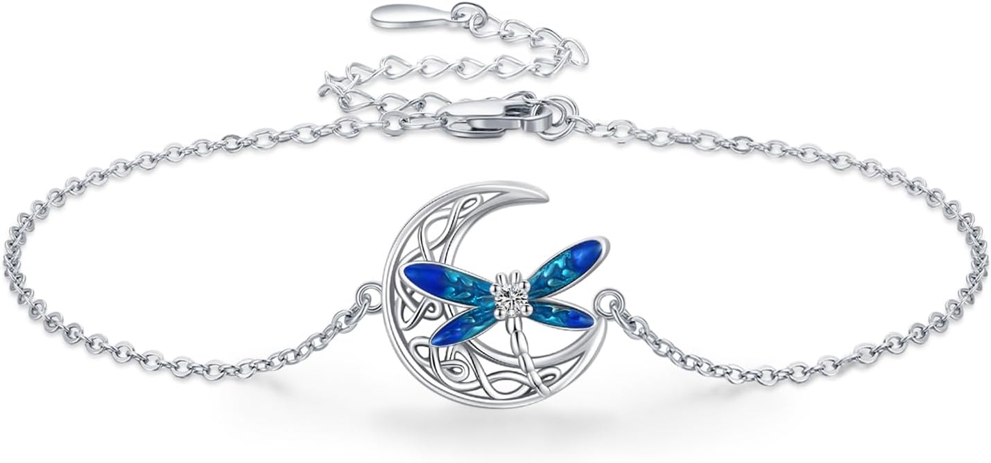 Dragonfly Bracelet 925 Sterling Silver Butterfly Bracelet Adjustable Celtic Moon Bracelet Irish Celtic Jewelry Gifts for Women
