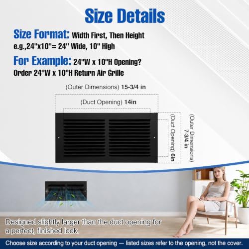 14x6 Black Steel Return Air Grille, Fits 14"W x 6"H Duct Opening - Image 3