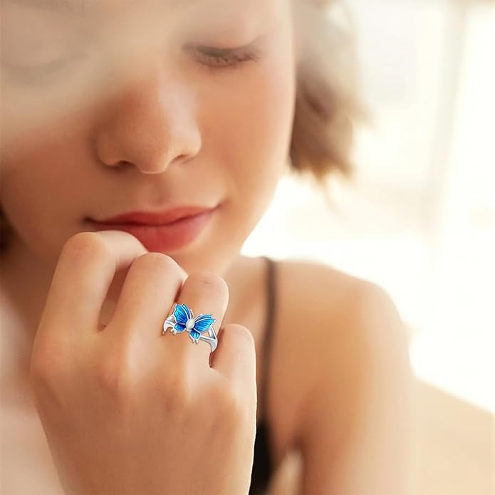 Sterling Silver Blue Butterfly Opal Rings for Women,Butterfly Open Ring Butterfly Ring Butterfly Adjustable Ring Opal Ring Jewelry Gift for Hers Ring Adjustable Size 6-9-1