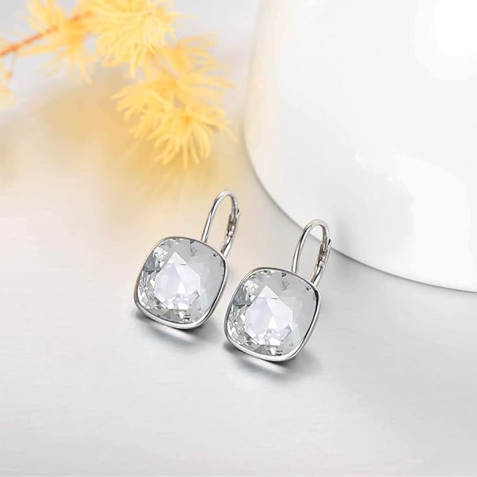 AOBOCO Sterling Silver Leverback Earrings Embellished with Crystals from Austria, Hypoallergenic Cushion Cut Square Crystal Earrings, Fine Anniversary Birthday Jewelry Gifts for Women