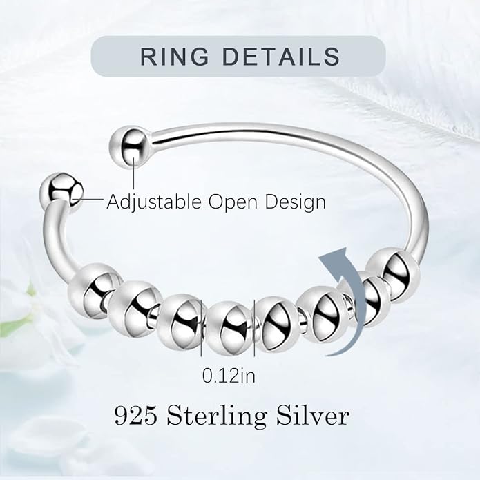 Vito 925 Sterling Silver Fidget Anxiety Ring for Women, Adjustable Open Spinner Ring Stress Relief Ring Stacking Band Anillos Jewelry Gift for Mom Daughter