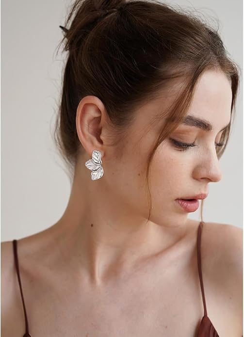 Chunky Gold Statement Earrings For Women Gold Plated Sectored Flower Leaf Shell Angel Wing Earrings Trendy Boho Jewelry For Women Large Stud Earrings Hypoallergenic Earrings