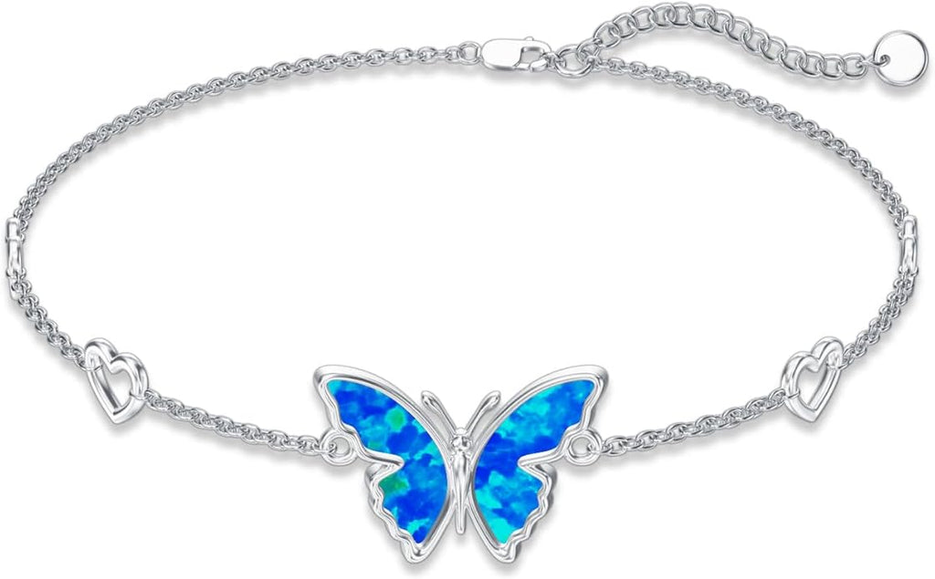 WINNICACA 925 Sterling Silver Anklets for Women Adjustable Beaded Butterfly Opal Anklet Bracelet Foot Chains Jewelry Gifts for Women Beach Birthday Christmas Gift