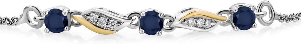 Gem Stone King 3-Stone Adjustable Bracelet for Women | 925 Silver and 10K Yellow Gold | Gemstone Birthstone and Lab Grown Diamond | Round 3MM | Two-Tone Adjustable Tennis Bracelet Up to 9 Inch