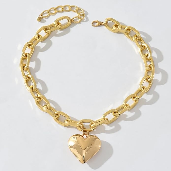 Chunky Gold Heart Necklace for Women,Y2K Big Heart Statement Necklace Long Puffy Hearts Chain Charm Necklaces Trendy Jewerly
