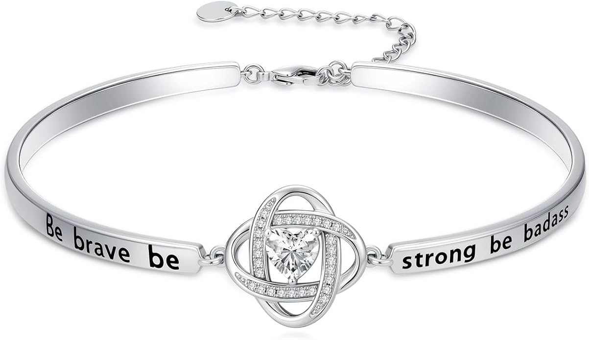Valentines Day Gifts for Her, 18k White Gold Plated Love Knot Bracelets, Engraved Inspirational and Sentiment Bangle, Anniversary Birthday Jewelry Gift for Lover Wife Girlfriend Sister Friends