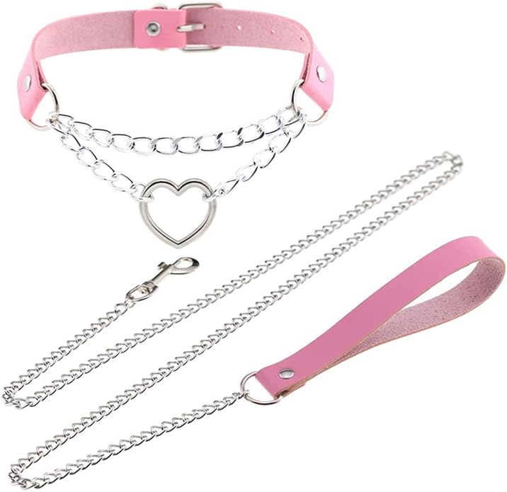 Harajuku Peach Heart Choker Punk Hauling Chain PU Leather Collar Gothic Necklace NightClub Goth Leash Belts